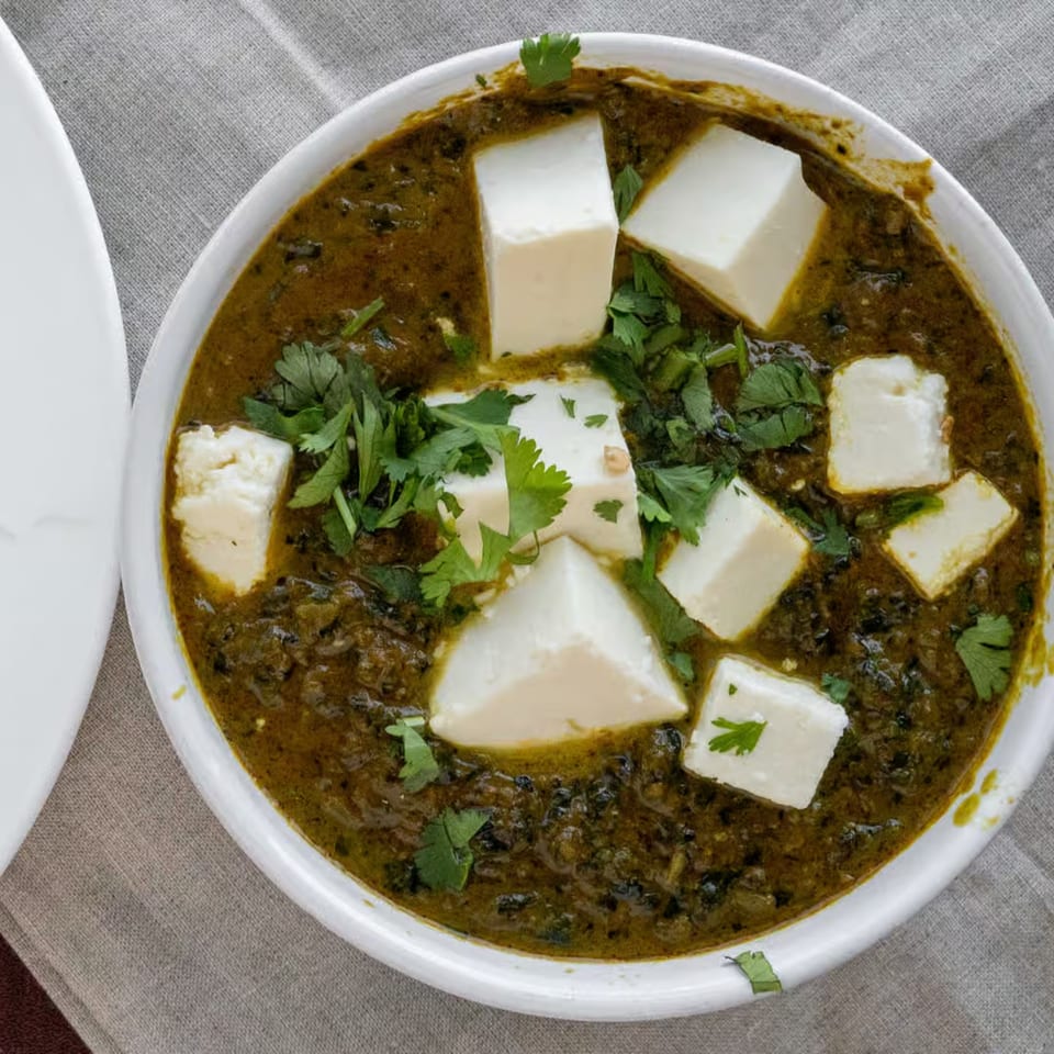 Overhead view of a white bowl filled with vibrant green Palak Paneer, garnished with fresh cilantro.